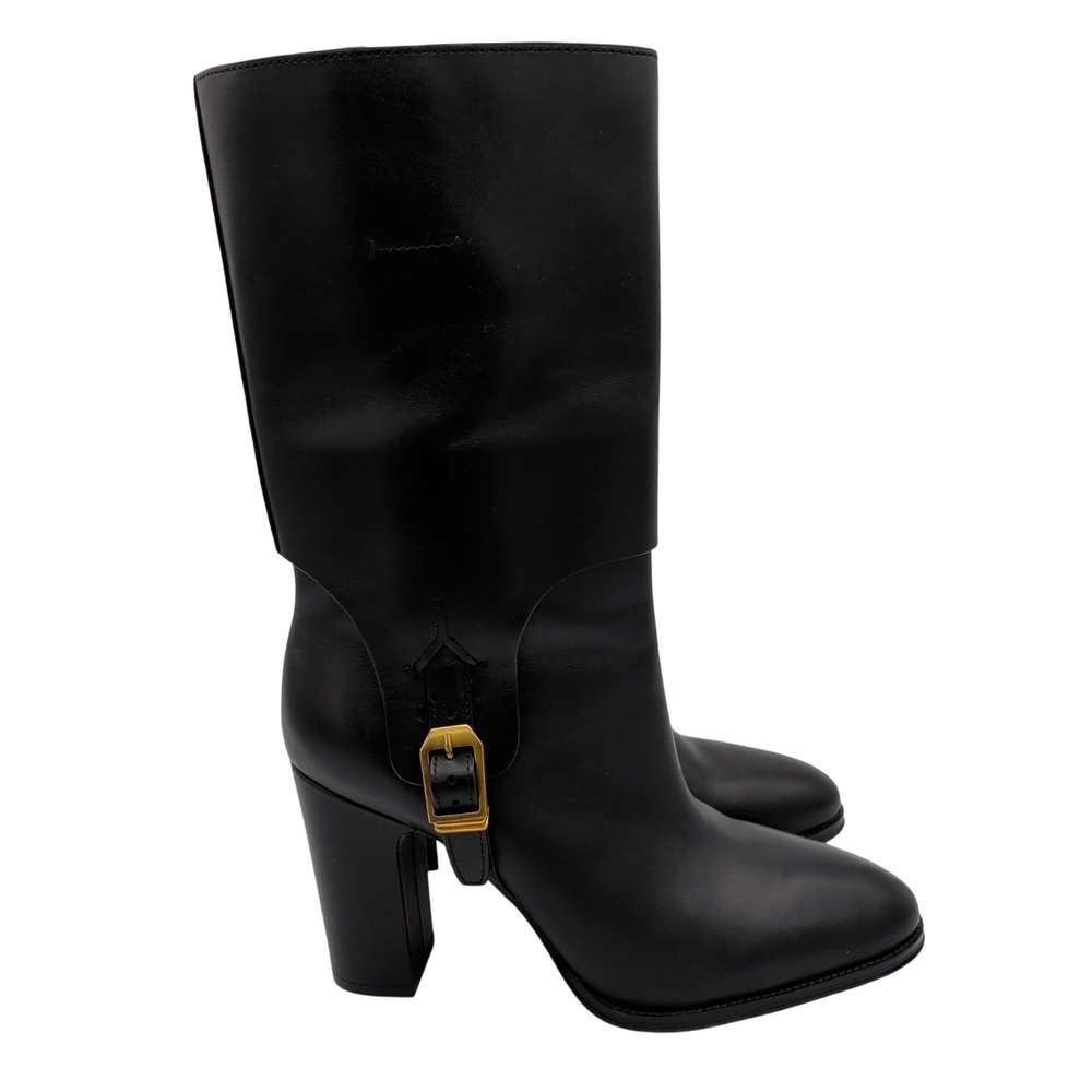 Franco Sarto Wyatt Black Leather Mid-Calf Block Heel Buckle Boots 7M
